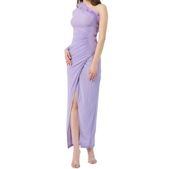 KikiRiki Feathered One Shoulder Front Slit Long Dress Lilac Purple Size Medium N - Picture 3 of 3